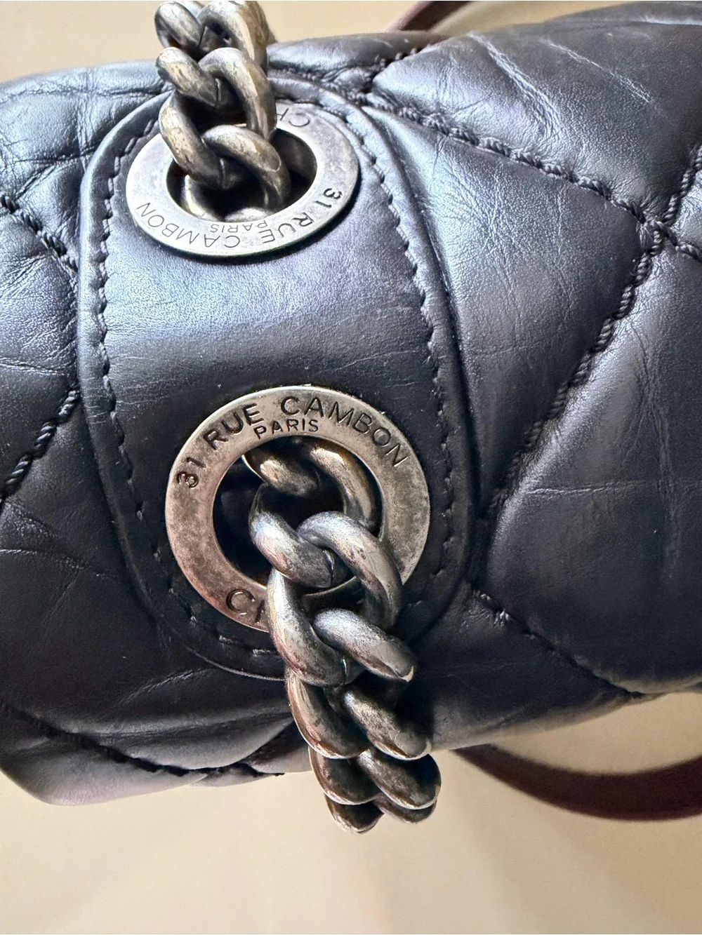 Chanel Shoulder Flap Bag Black Quilted Lambskin w/burgundy | Ruthenium Hardware